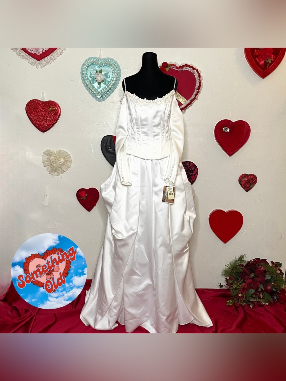NWT JESSICA MCCLINTOCK WHITE CORSET PEARLS LONG SLEEVE DRAPED BUSTLE BRIDAL GOWN